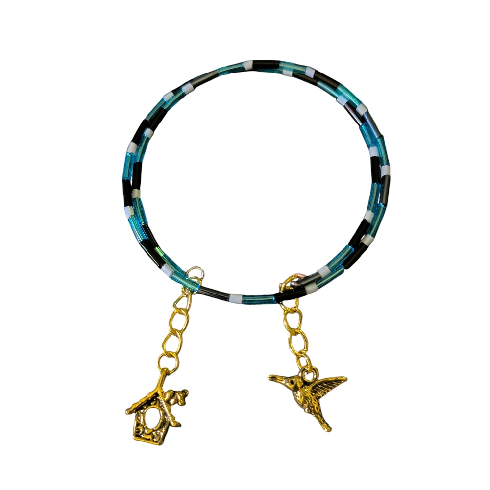 Black and Blue Beaded Bracelet with Gold Charms